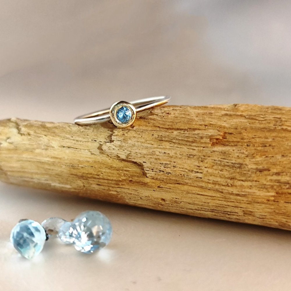 Blue Topaz ring - 14K Yellow gold & sterling silver band - Stacking ring